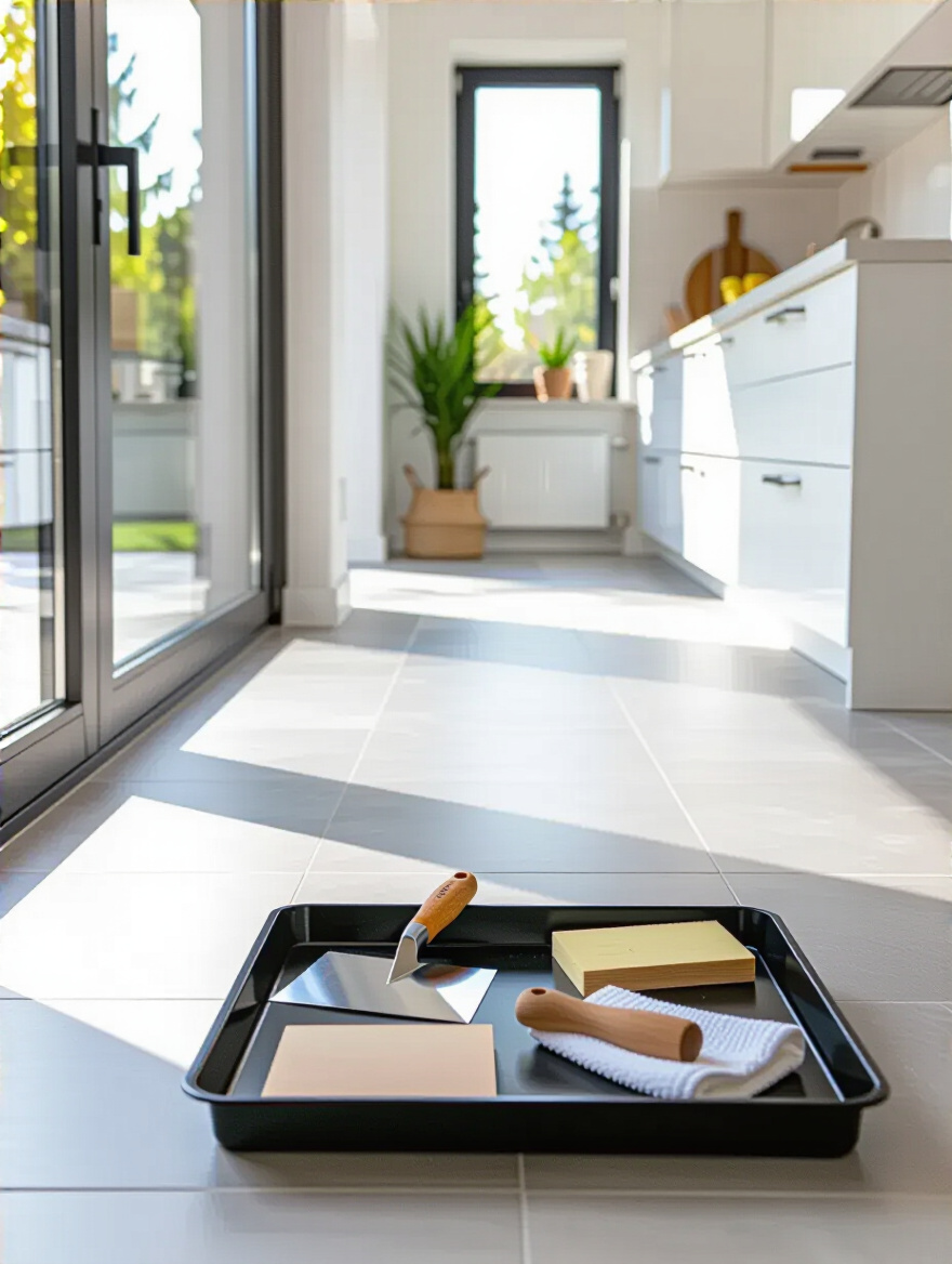 Modern kitchen floor transition showing subfloor prep and finished tile area with professional tools on the floor, in a well-lit, text-free portrait scene.