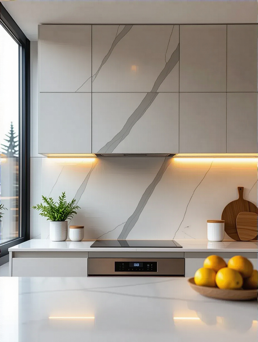 Vertical image of a modern kitchen backsplash with seamless large-format porcelain slabs and integrated lighting.
