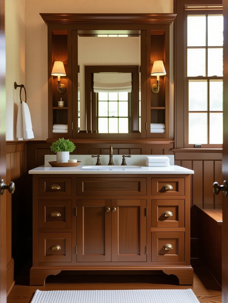 Colonial bathroom vanity with concealed storage and no visible modern bathroom essentials