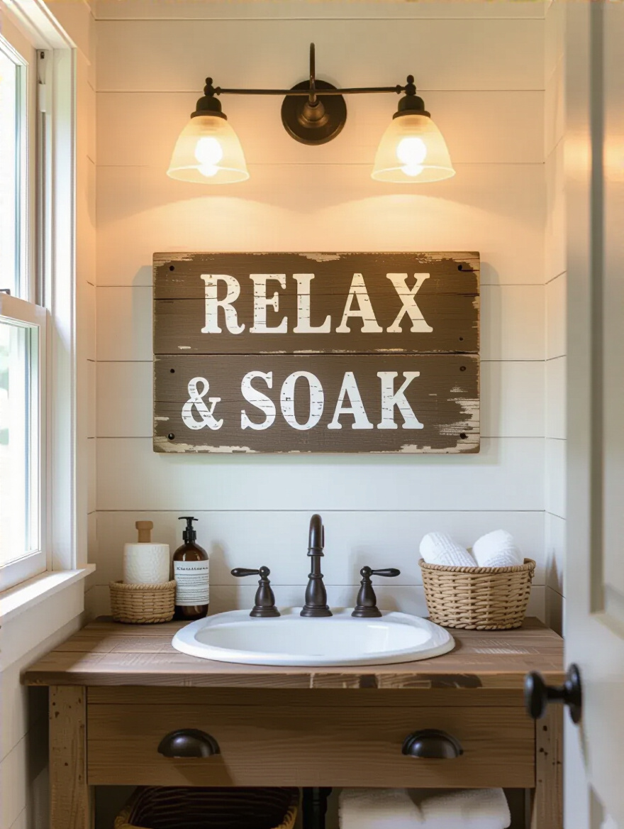 Vintage farmhouse sign displayed above rustic wooden vanity in cozy country bathroom with warm lighting