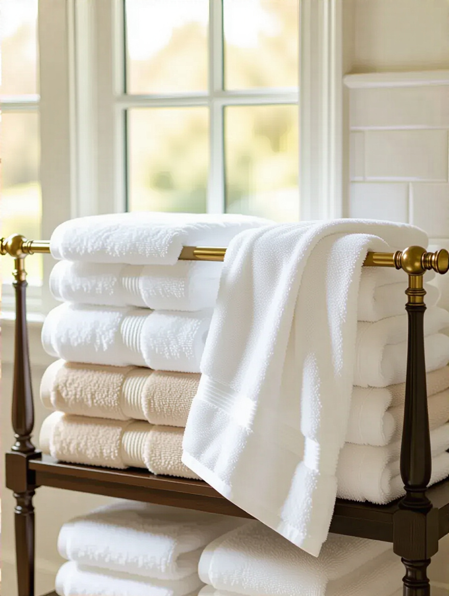 Portrait image of plush white and neutral towels artfully draped in a traditional bathroom with natural lighting