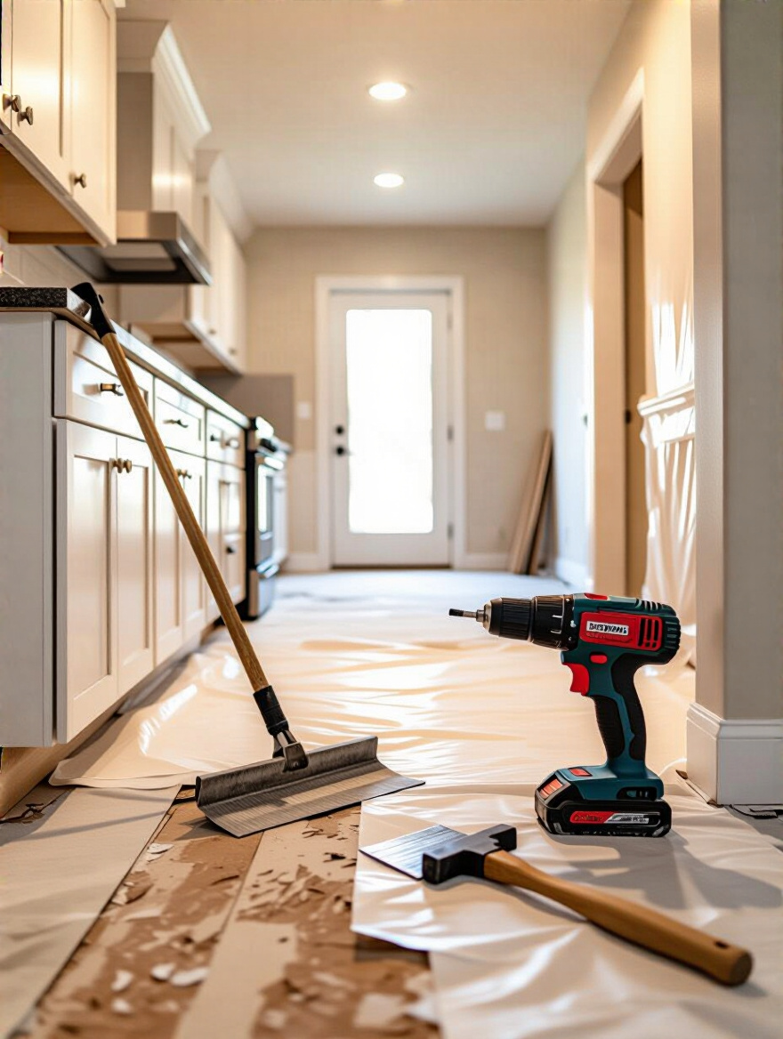 Portrait view of a protected kitchen demolition zone with exposed subfloor and organized tools