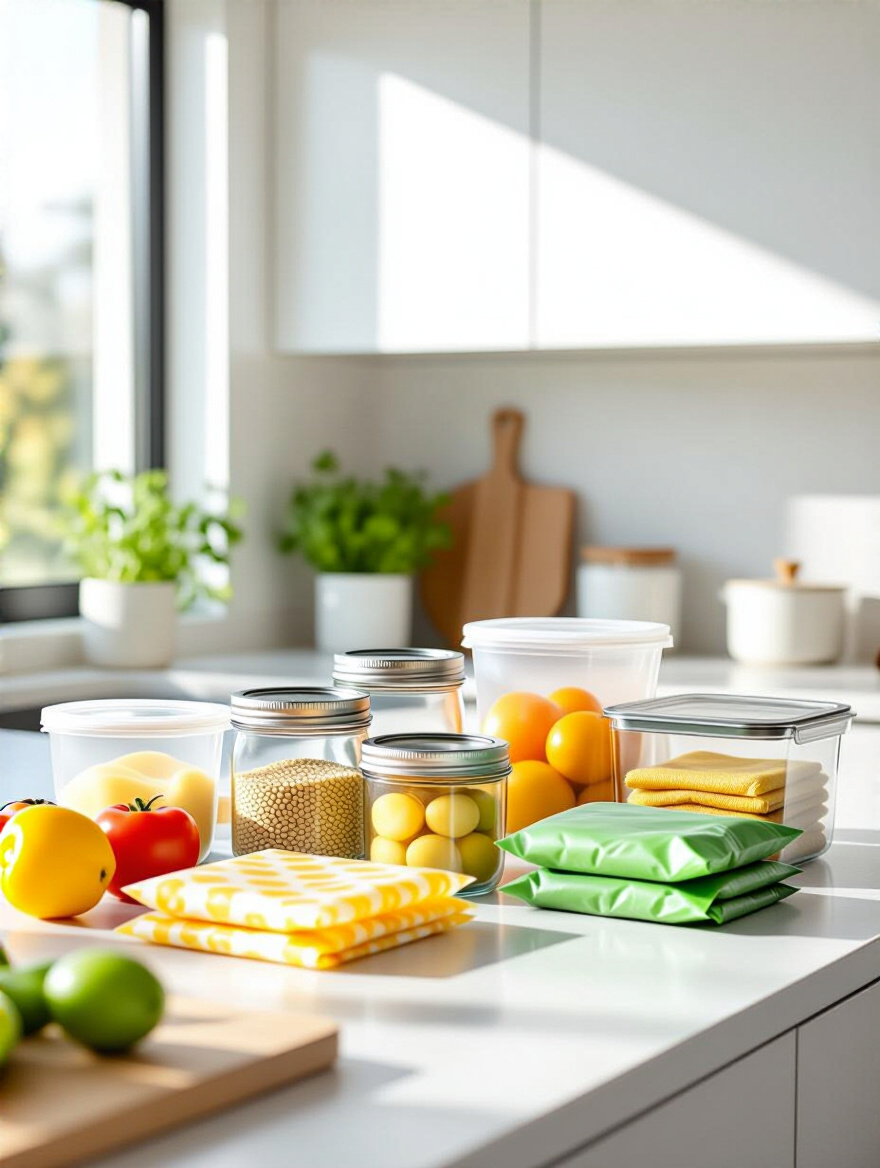 Kitchen counter with glass jars, beeswax wraps, and silicone bags for plastic-free food storage.