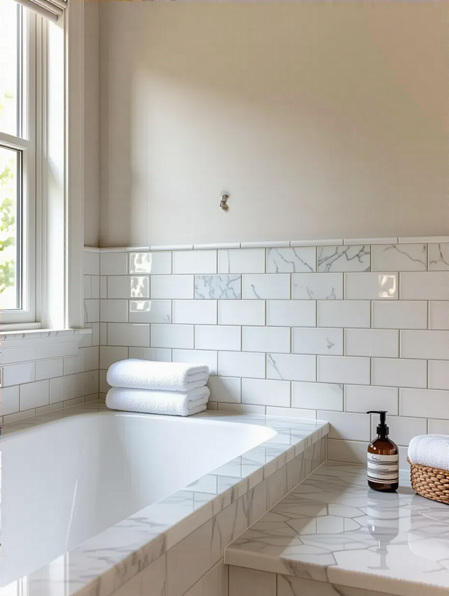 Traditional bathroom wall with classic marble, subway, and hex tile finishes showcasing timeless elegance and durability