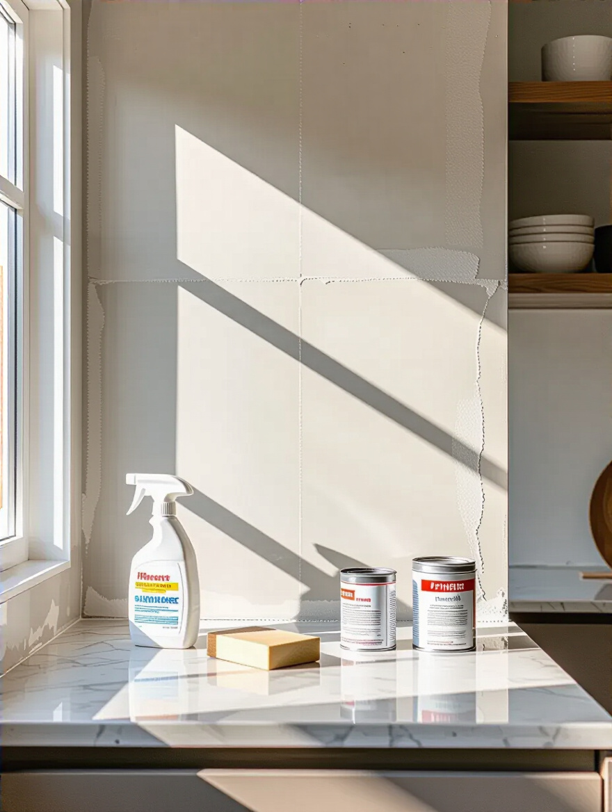 Vertical view of a well-prepped kitchen wall for tiling with degreaser, sanding block, and primer on the counter