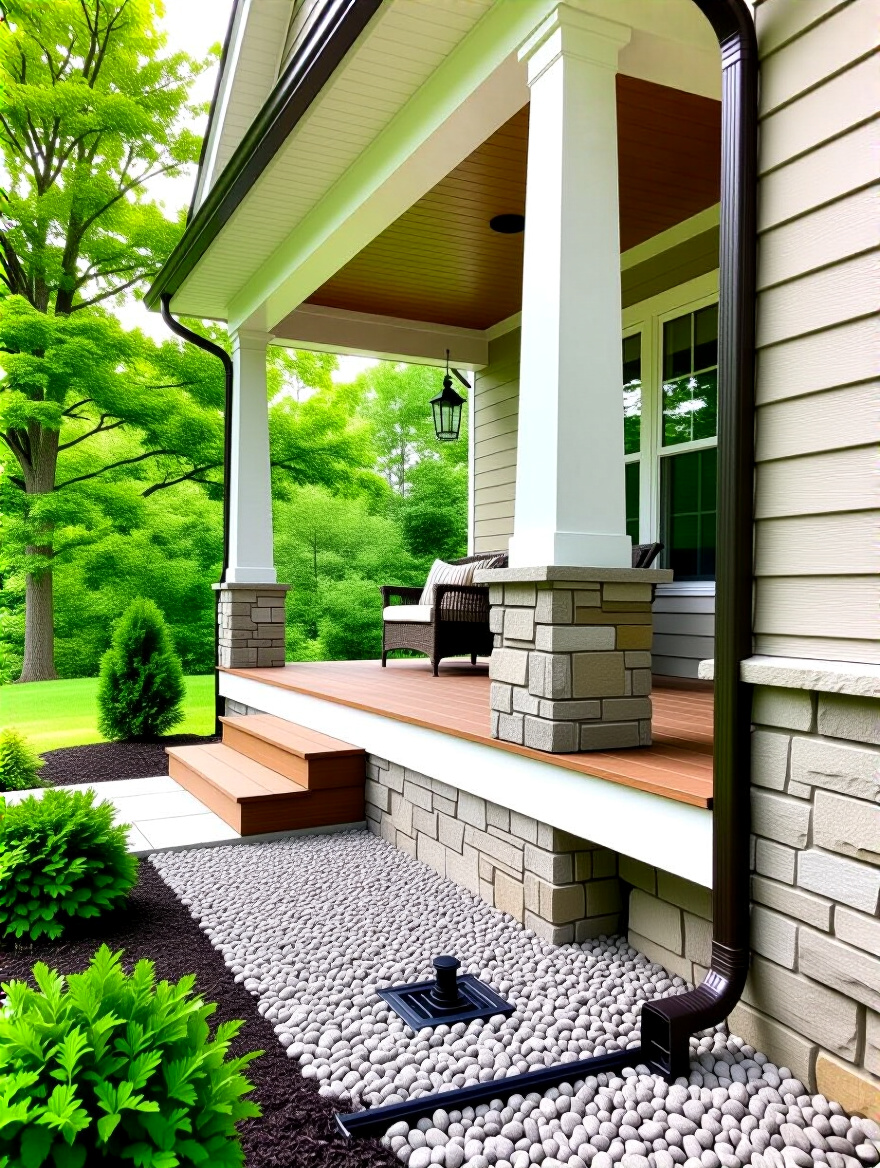 Vertical photo of a porch with graded landscaping, clean gutters, downspout extension to pop-up emitter, permeable paver landing and exposed section of French drain.