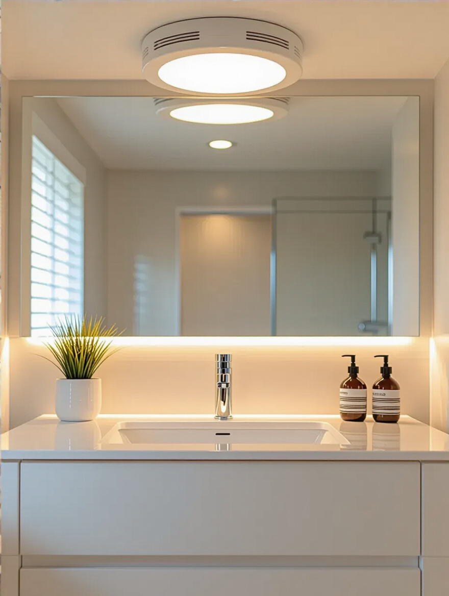 White bathroom vanity with active exhaust fan preventing moisture damage and mildew growth
