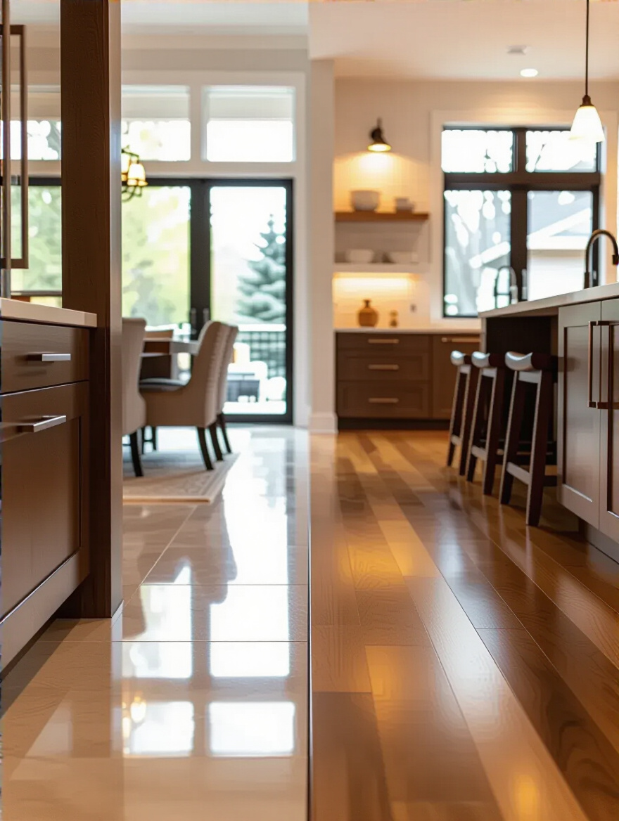 Portrait view of a seamless floor transition between tile and hardwood in a modern kitchen