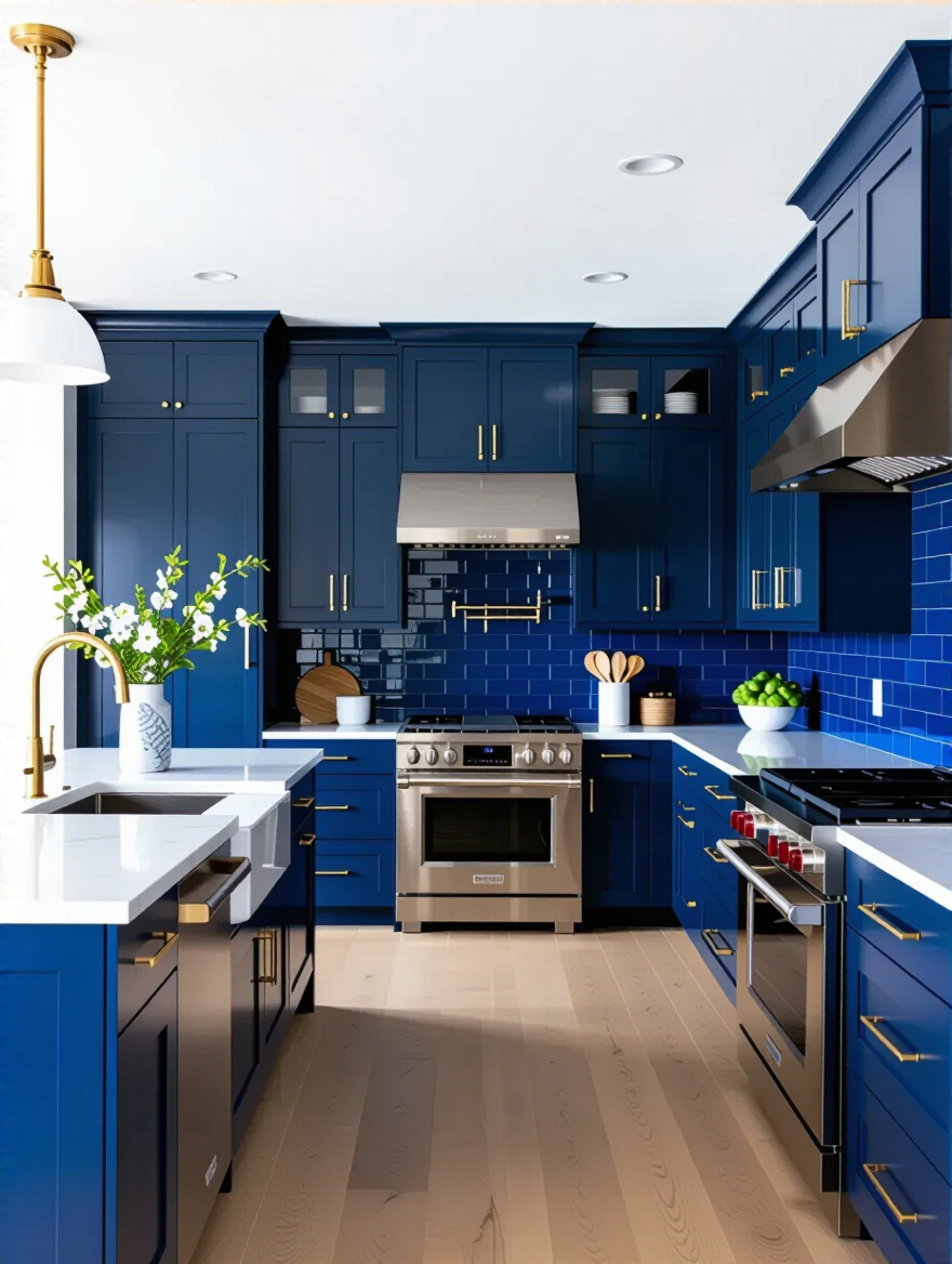 Portrait-style shot of a modern blue kitchen with navy cabinets and a blue island, bright and inviting.