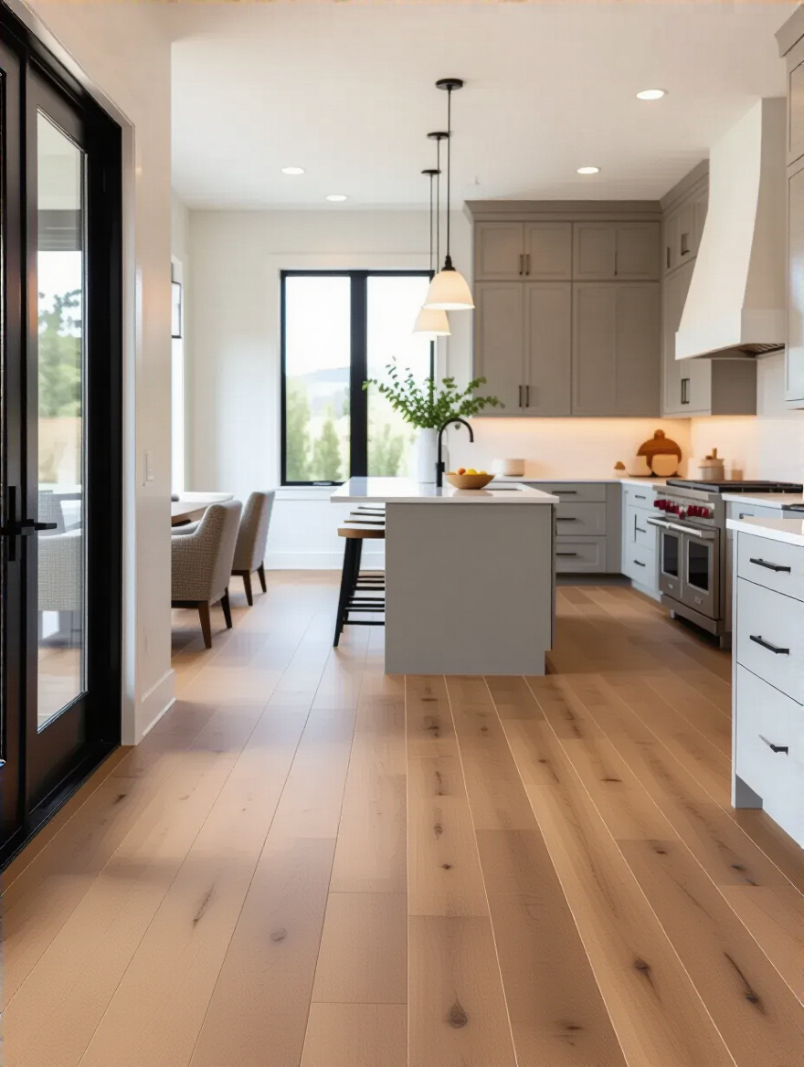 Portrait-style interior photo of a modern kitchen floor remodel highlighting flooring material and layout