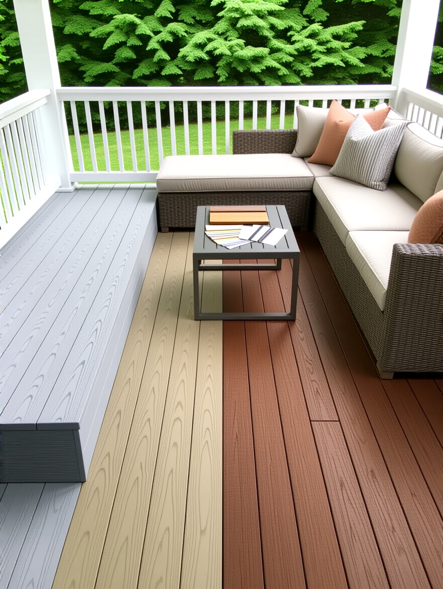 Vertical photo of a staged porch showing three different decking materials side-by-side with cozy seating and warm golden-hour light