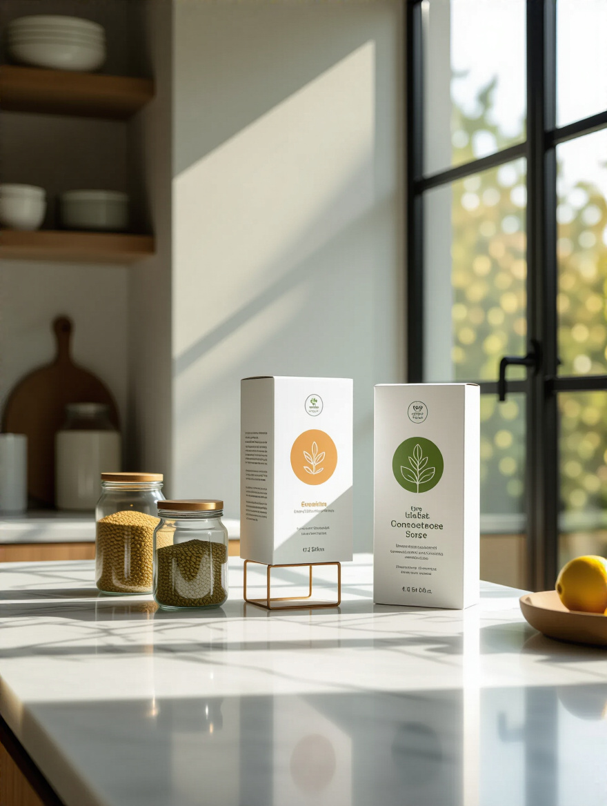Vertical portrait of a modern kitchen countertop with abstract eco-certification badges on a product package, no text.