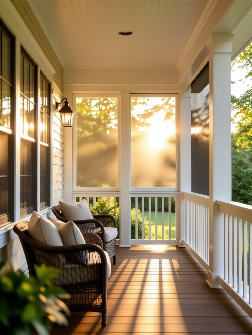 Vertical photo of a furnished screened porch with retractable screen, fine mesh panels, four-track vinyl corner, and potted plants