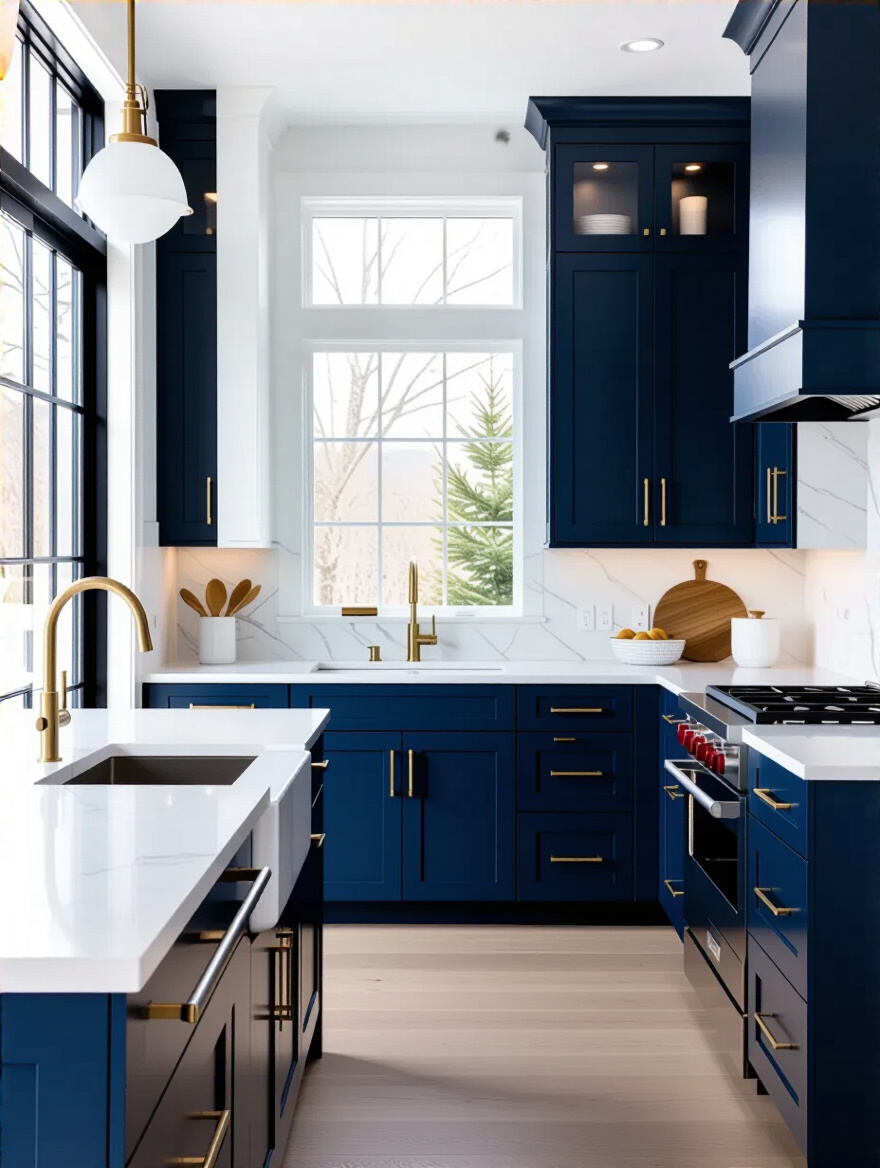 Vertical modern kitchen with navy lower cabinets and dusty blue uppers, white countertops, brass hardware