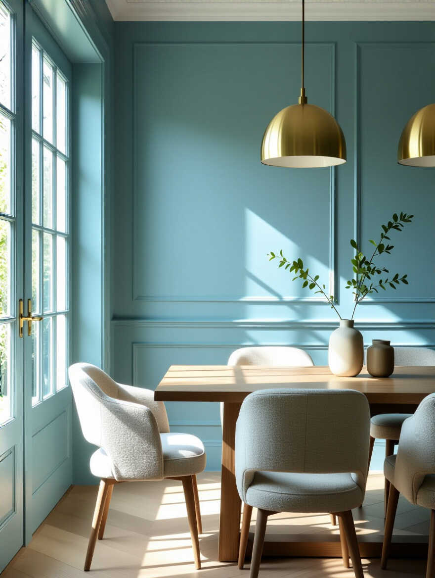 Elegant dining room with cool toned walls in soft blue and green hues, wooden table, and warm brass lighting creating a serene and spacious atmosphere