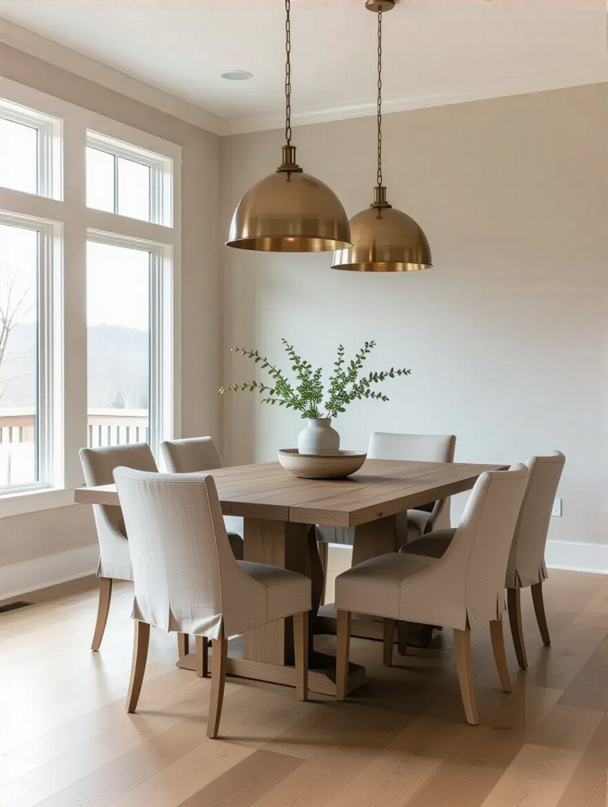 Elegant dining room with neutral beige and gray walls, wooden table, linen chairs, and warm lighting showcasing timeless and versatile decorating opportunities