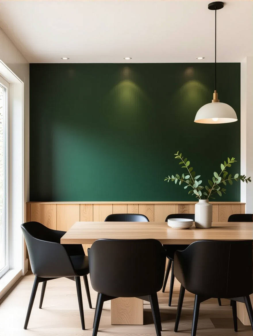 Modern dining room with a deep green accent wall behind a natural wood dining table and black chairs, showcasing a striking focal point with warm lighting