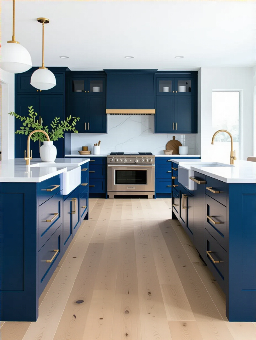 Portrait view of a modern blue kitchen with harmonizing light wood flooring and blue cabinetry