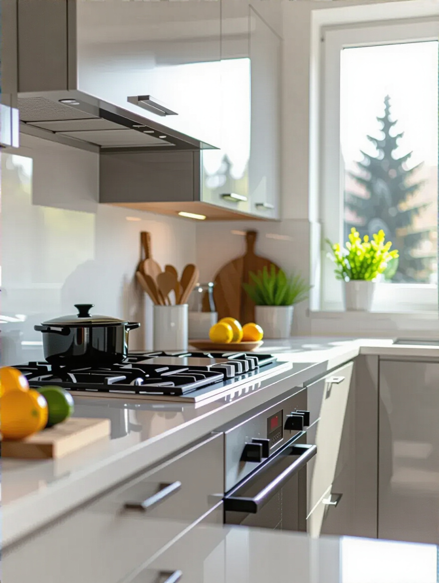 Vertical view of a modern kitchen backsplash showing a durable, easy-to-clean surface