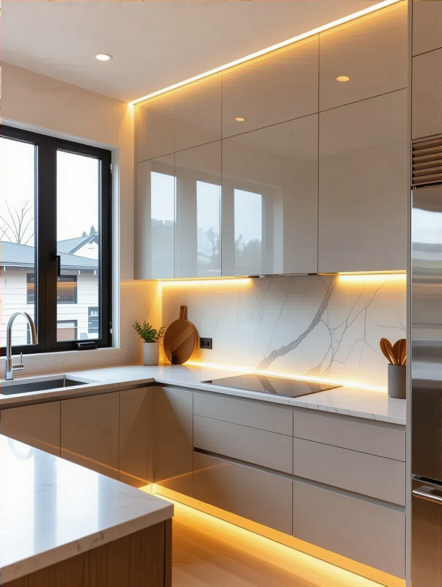 Vertical kitchen portrait showing a backsplash with integrated LED lighting highlighting texture