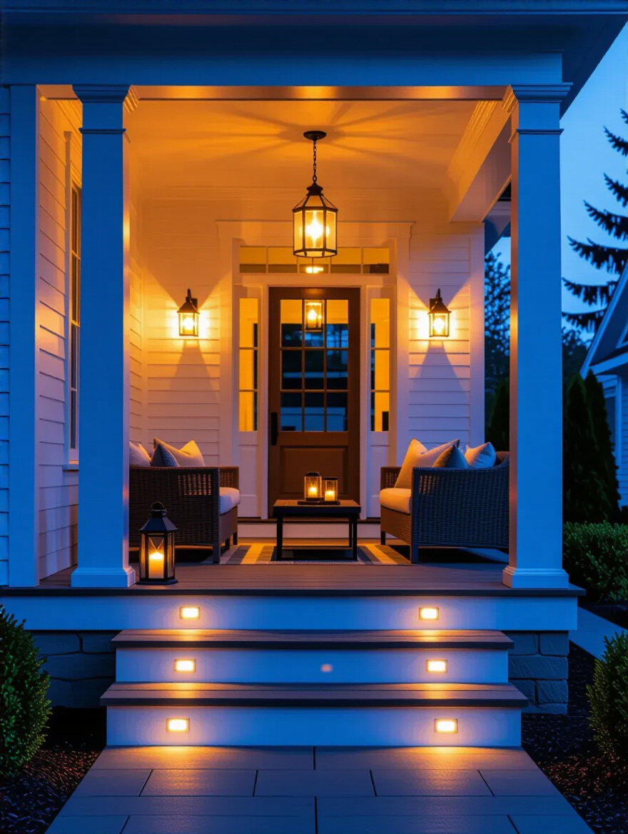 Twilight front porch with layered lighting: recessed ceiling lights, pendant, wall sconces, step lights, uplights and string lights creating a warm, safe evening atmosphere
