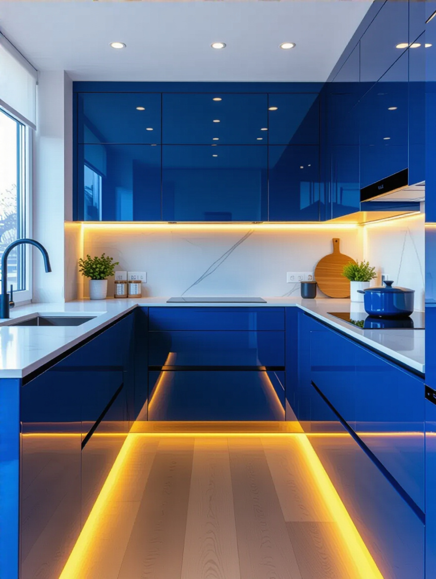 Vertical portrait of a modern blue kitchen with layered lighting highlighting cabinet depth and vibrancy
