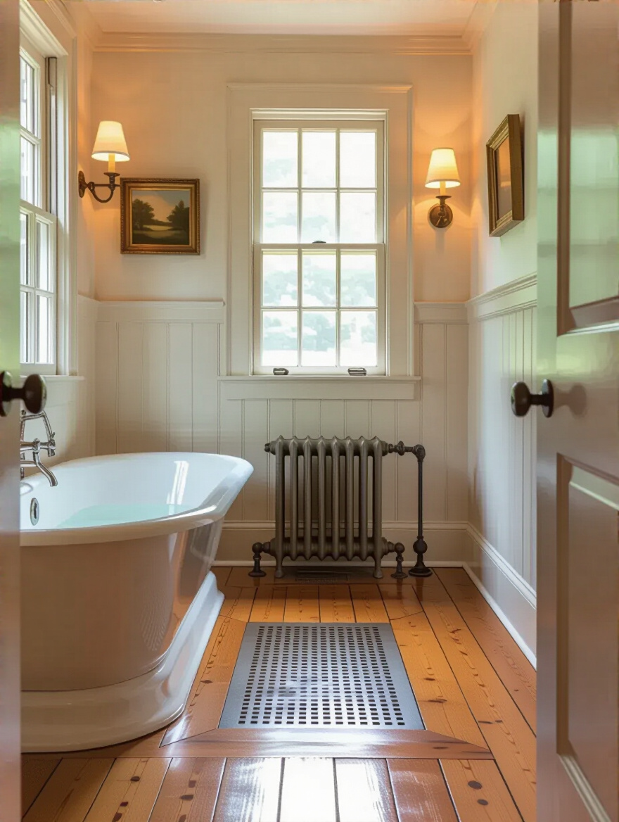 Colonial bathroom featuring period-sympathetic heating and ventilation with hydronic radiant floor heating and cast-iron radiators