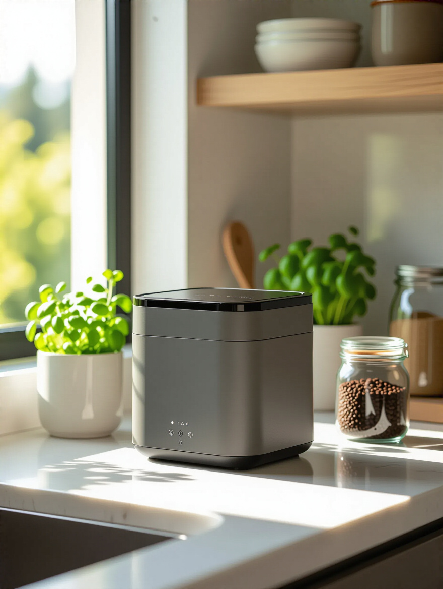 Vertical shot of a modern kitchen counter with a compact smart composting system, herb pot, and soft daylight.