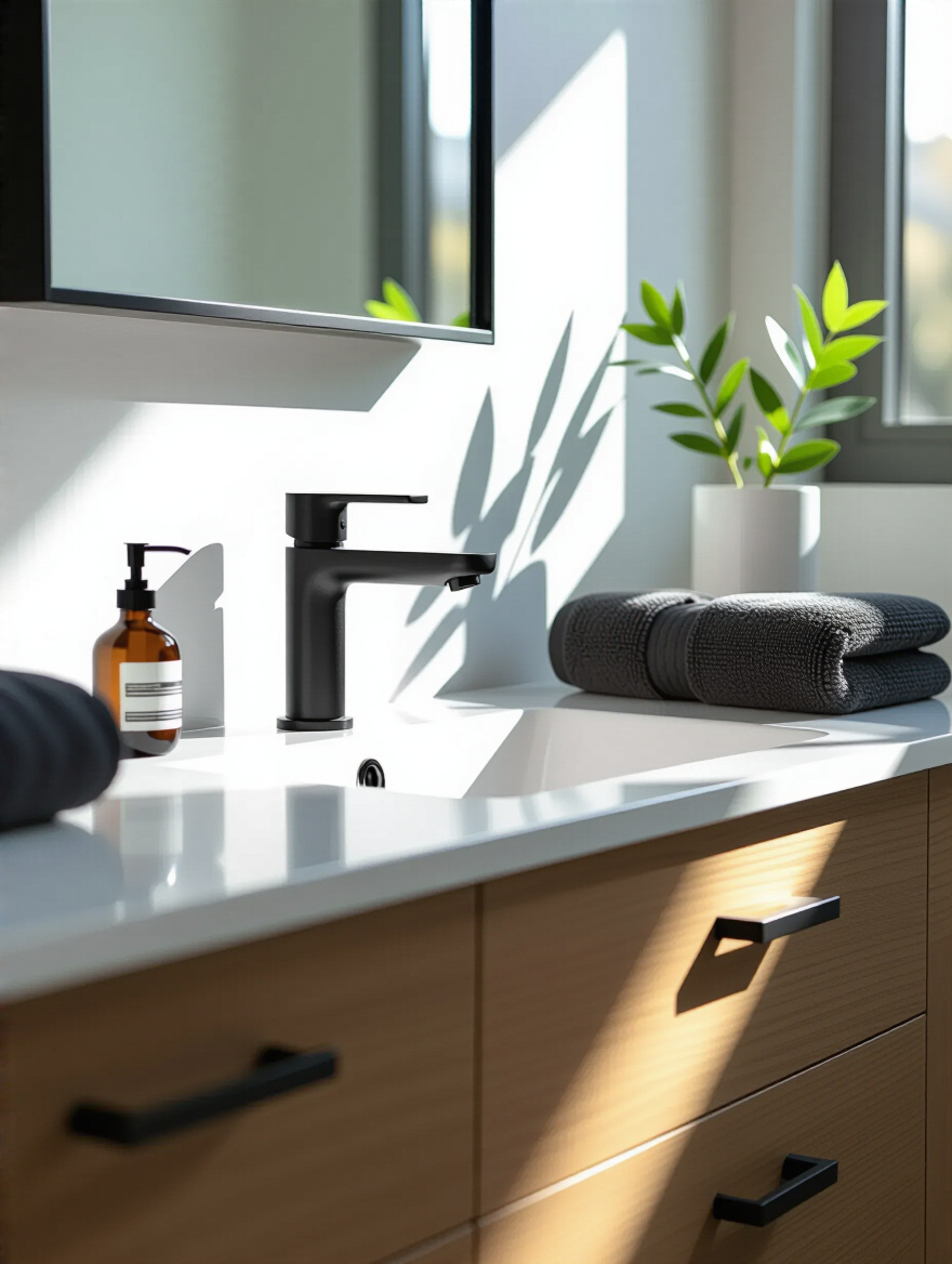 Small bathroom vanity with minimalist matte black faucet and matching hardware featuring clean lines and a streamlined design