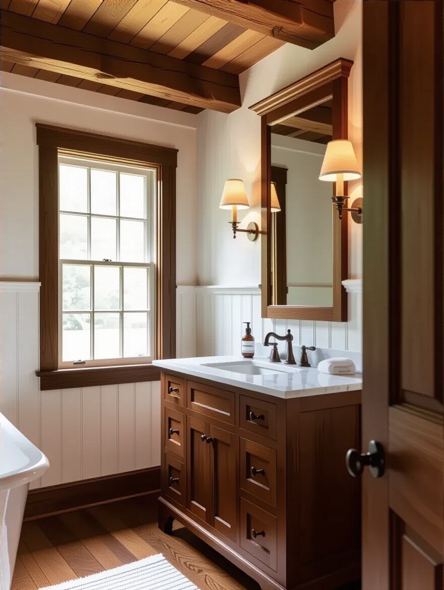 Portrait image of Colonial bathroom with rich natural wood vanity and wainscoting showcasing warmth and character
