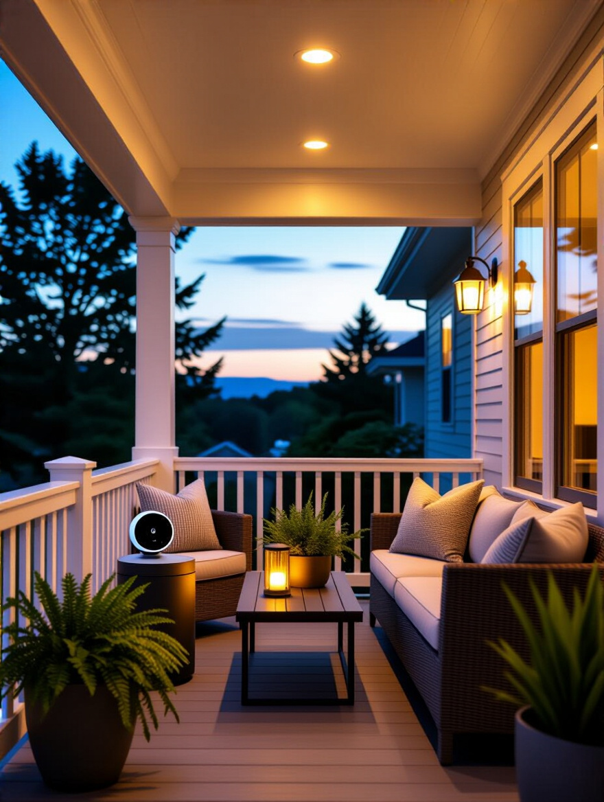 Dusk portrait of a covered porch with weatherproof smart recessed lights, motorized shades, outdoor speaker, LED railing lighting, and a discreet security camera