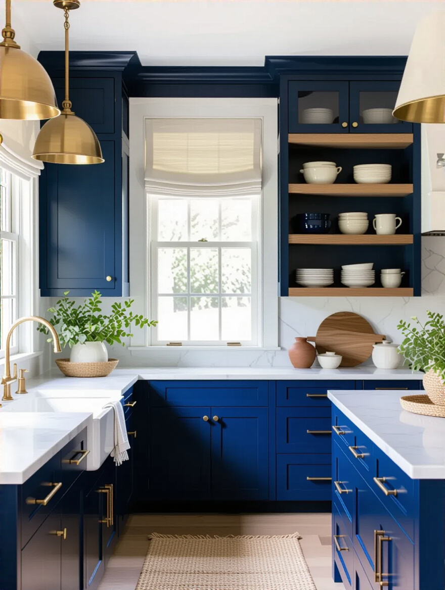 Portrait view of a blue kitchen featuring textiles and decor elements like a woven rug, linen curtains, plants, pottery, and warm lighting.