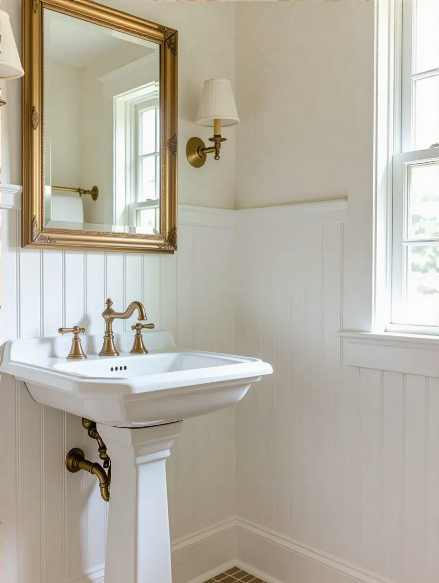 Traditional bathroom with white beadboard wainscoting paneling on walls, classic pedestal sink, and vintage fixtures