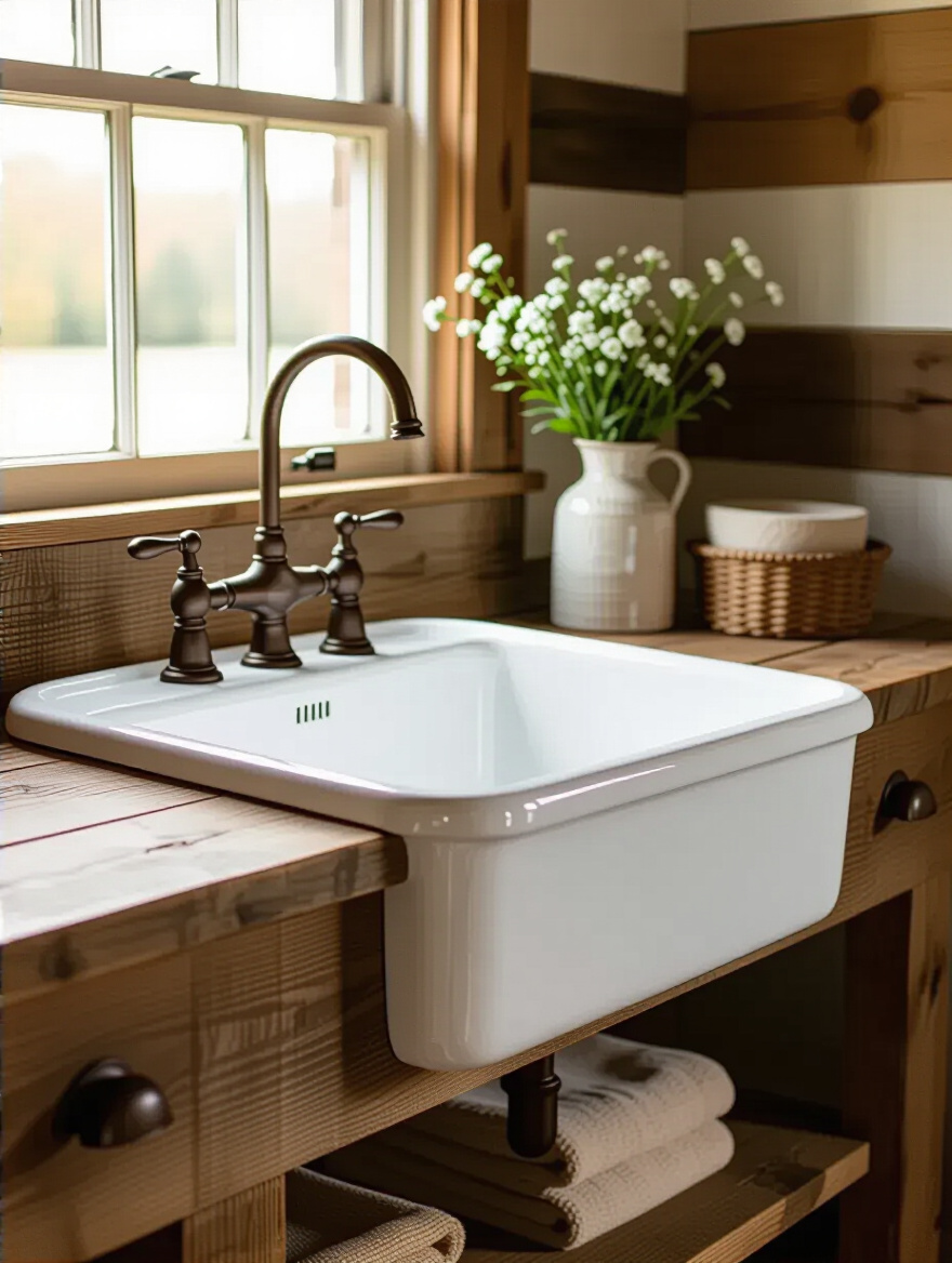Classic white fireclay farmhouse sink with apron-front design in rustic country bathroom vanity