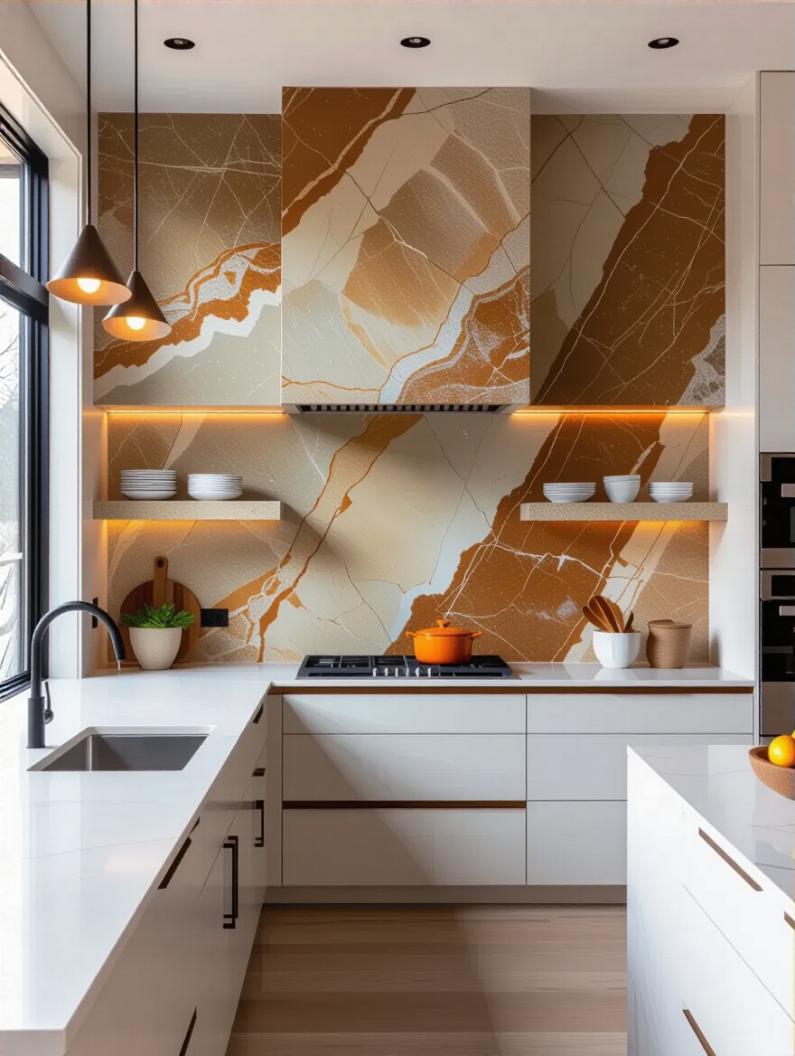 Portrait of a modern kitchen showcasing authentic natural stone backsplash with dramatic veining