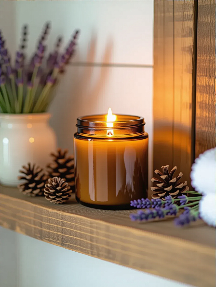 Warm glowing soy wax candle in amber jar on rustic wood shelf with natural pine and lavender accents in country bathroom
