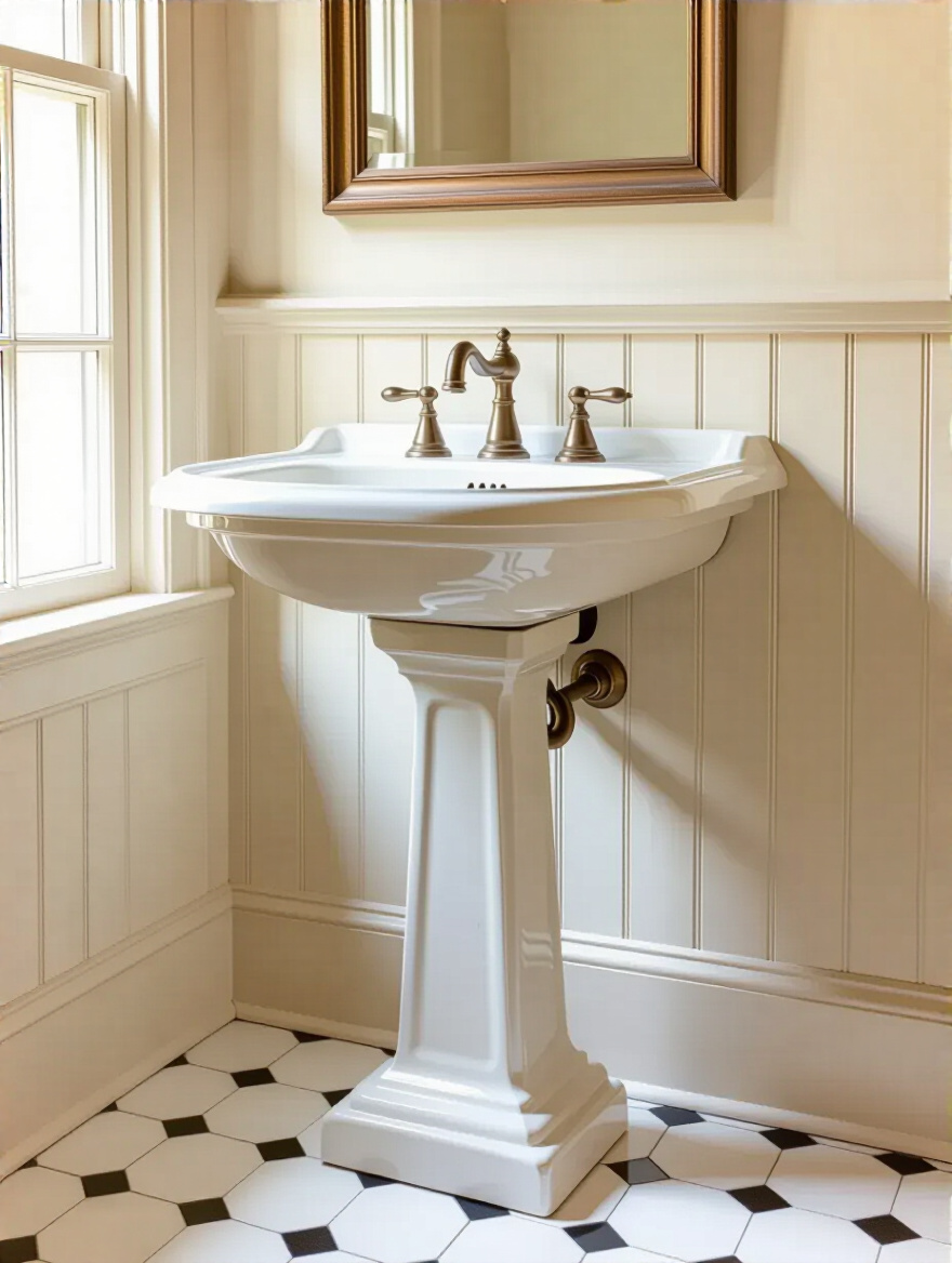 Elegant pedestal sink in a Colonial bathroom with classic design and natural lighting