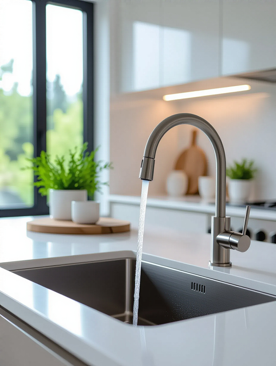 Portrait of a modern kitchen sink with a sleek low-flow faucet and aerator, bright daylight and clean surfaces.