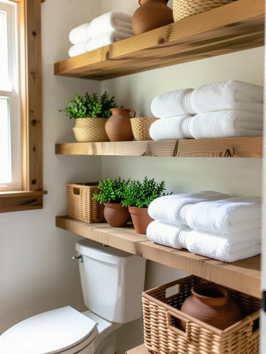 Country bathroom corner with open wood shelves displaying towels, baskets, and plants