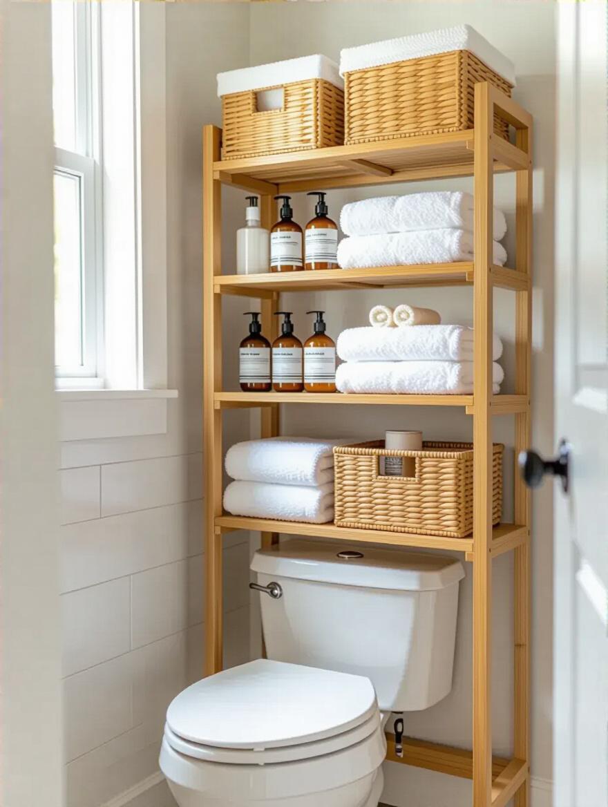 Over-the-toilet shelving unit in a small bathroom with neatly organized towels and toiletries