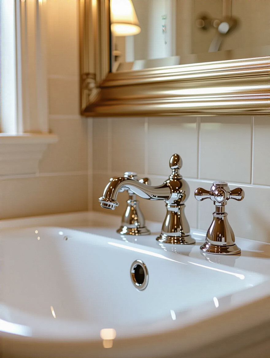 Traditional bathroom sink with polished nickel taps and exposed thermostatic shower fixtures, well-lit and styled for cohesive beauty