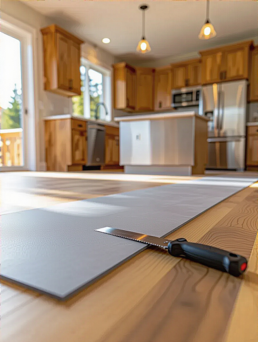 Vertical portrait of a modern kitchen floor underlayment in progress with taped seams and a utility knife.