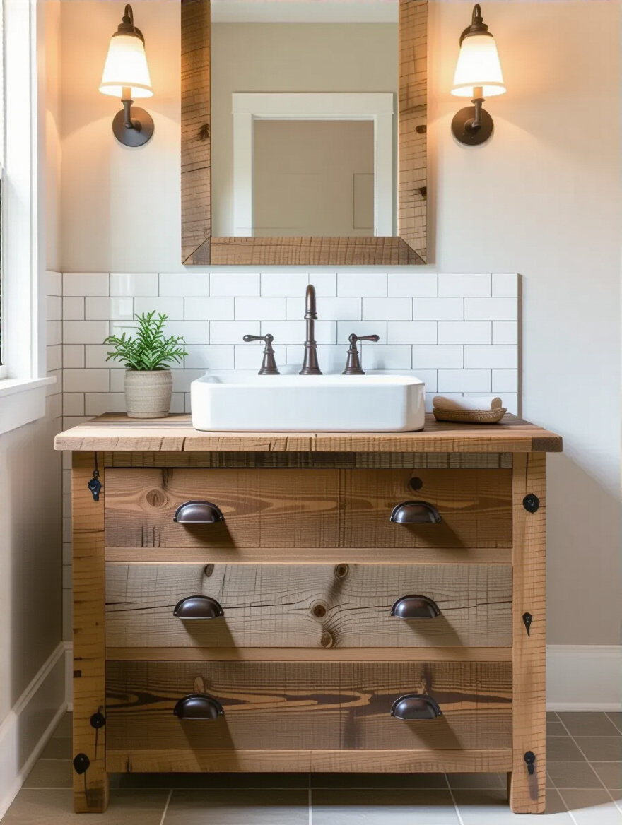 Distressed wood vanity in a cozy country bathroom with rustic farmhouse style