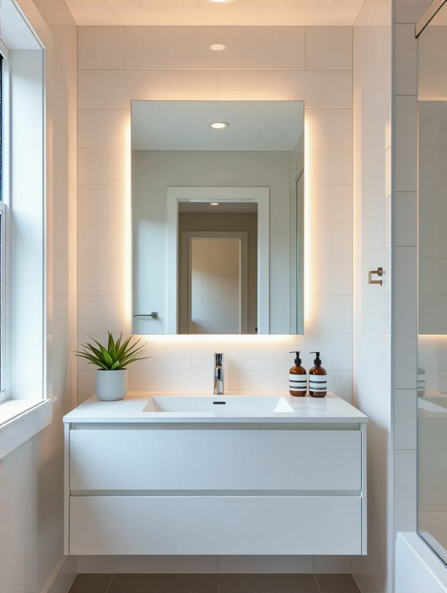 Modern small bathroom with a large frameless mirror that visually doubles the space, bright and airy design, no people