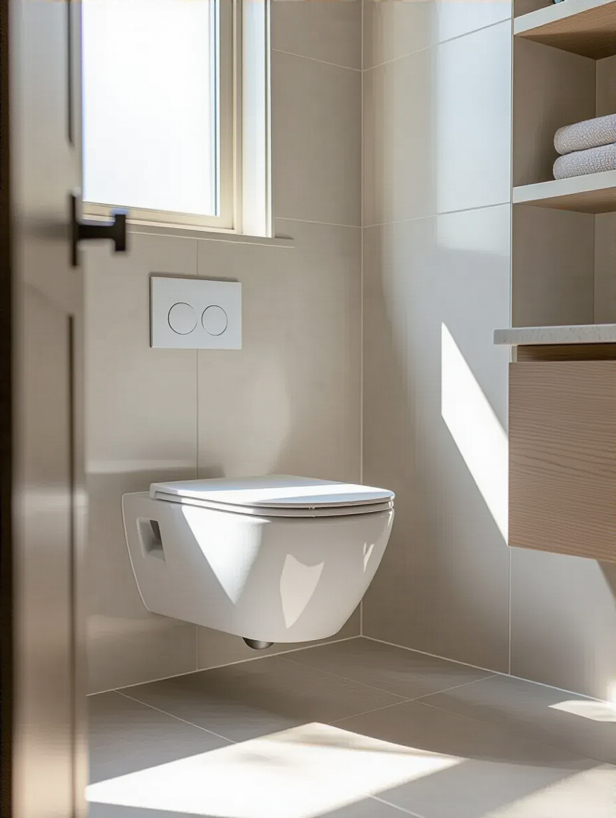 Modern small bathroom with a sleek wall-mounted toilet and open floor space