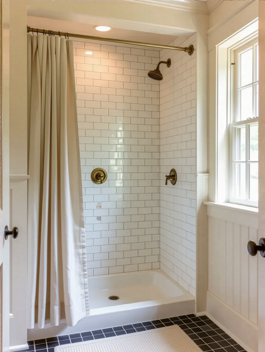 Seamlessly integrated colonial bathroom shower alcove with subway tiles and linen curtain