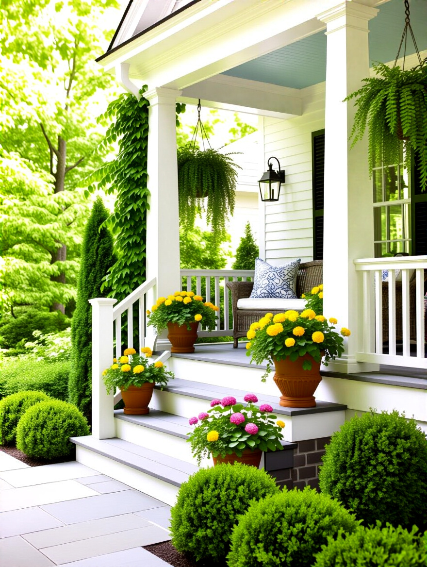 Vertical shot of a porch framed by layered landscaping with shrubs, flowering plants, climbers on a trellis, and decorative planters