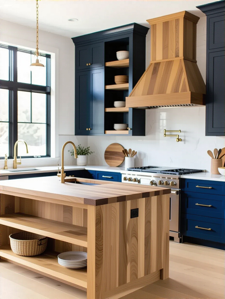 Portrait photo of a blue kitchen featuring natural wood accents: navy lower cabinets, light blue uppers, wood island with butcher-block top, open oak shelves, and wood-range hood surround, warm lighting, no people.