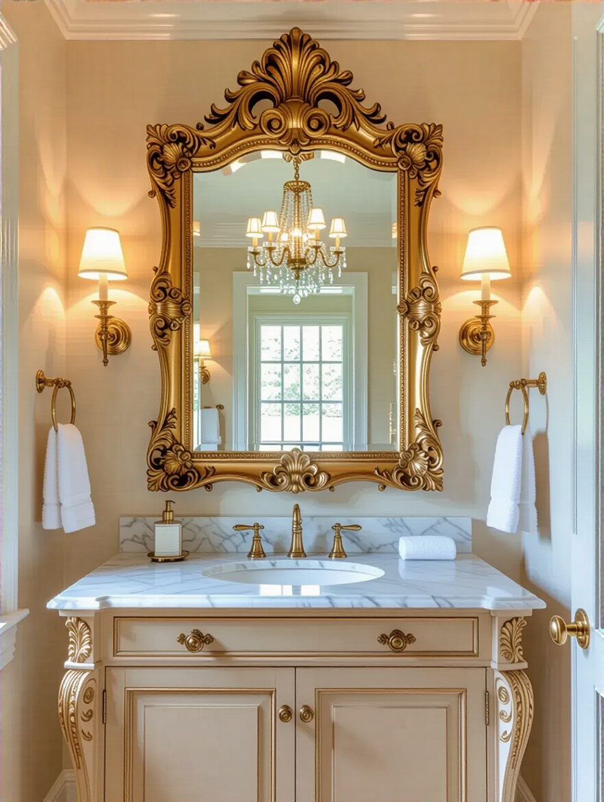 Traditional bathroom with a large ornate gilded mirror above a marble vanity reflecting a chandelier and classic architectural details