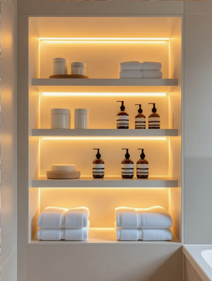 Small modern bathroom with recessed shelving built into wall cavities featuring neatly stored toiletries and ambient lighting